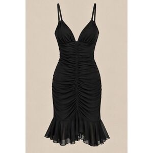 Lillie Rubin Women Dress Vintage 6 Black Ruched V-Neck Ruffle Hem Party Cocktail